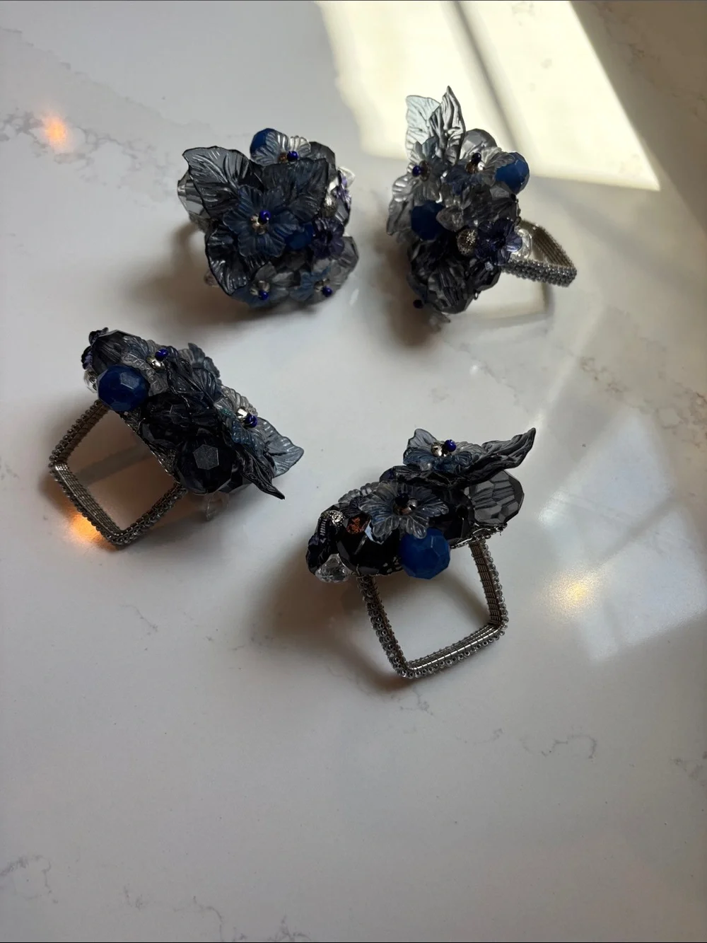 Kim Seybert Gardenia Blue Napkin Rings - Set of 4